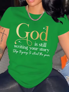 Camiseta blanca con cuello redondo para mujer, manga corta, con estampado de God Is Still Writing Your Story, informal, 100% algodón, suelta, suave y elástica - Product Image 4