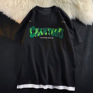 Camiseta Extra Grande con Cuello Redondo, Diseño de Letras con Estampado Flocado, 100% Algodón, Manga Corta, Talla Grande, Informal para Adultos - Product Image 5