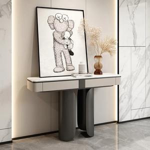 Table console convertible de luxe moderne avec plateau en fer et pieds cylindriques gris foncé, tiroirs de rangement pour entrée et usage hôtelier - Product Image 4