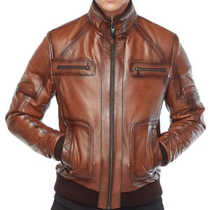 Veste bomber vintage en cuir véritable marron pour homme - Product Image 1