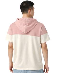 เสื้อฮู้ดแขนสั้นผู้ชายแบบสั่งทำพิเศษ สีชมพู แต่งบล็อกสี สไตล์ลำลอง มีกระเป๋า ผ้าคอตตอนผสมเนื้อนุ่ม สวมใส่สบาย - Product Image 2