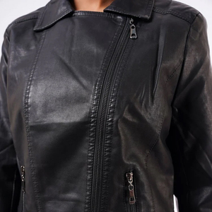 Chaqueta de Motociclista de Cuero PU para Mujer, Manga Larga, Cierre de Cremallera, Color Sólido, Cuello Camisero, Estilo Otoñal - Product Image 6