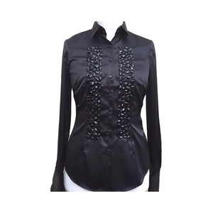 black <b>Satin</b> Button-Down <b>Blouse</b> with Crystal-Style Buttons - Product Image 1