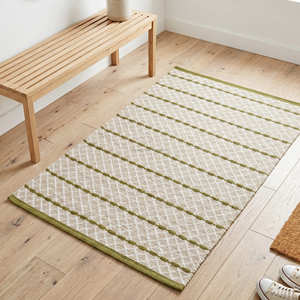 Tapis en coton tissé à la main à bordure verte pour chambre à coucher, coin lecture et intérieurs modernes et organiques - Product Image 1