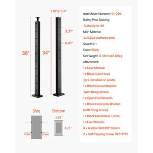 1 Confezione di Pali per Ringhiera in Acciaio Inox 36x1x2 Pollici, Pre-Forati per Cavi, per Ringhiere e Scale - Product Image 5