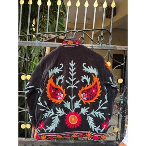 Chaqueta Bomber Vintage Ecológica de Terciopelo Tejido a Mano con Bordado, Cuello Mandarín, Manga Larga, Estampado Floral, Corta para Mujer - Product Image 4