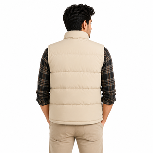 Gilet matelassé beige pour homme avec fermeture éclair, col montant, coupe-vent, rembourrage en polyester, vêtement d'hiver décontracté, vestes sans manches pour homme OEM B2B - Product Image 2