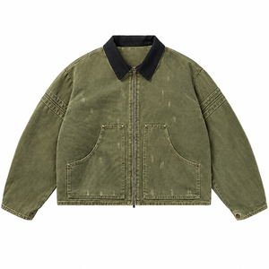 Veste chemise zippée en toile olive délavée style workwear pour homme, col rabattu - Product Image 1