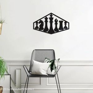 Art mural moderne en métal noir-Silhouette de pièces d'échecs pour salle de jeux, bureau et salon Décoration murale - Product Image 1