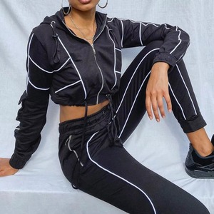 Women's Tracksuit Set Cotton French Terry Streetwear Patch Embroidery <b>Zip</b> <b>Up</b> Crop Top Hoodies And Joggers Set - Product Image 4
