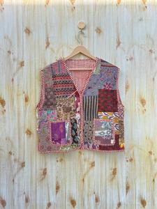 Manteau tricoté vintage bohème pour femme 100% coton fait à la main Hippie Patchwork matelassé Double boutonnage fermeture poches brodées - Product Image 5