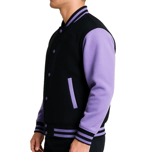 Chaqueta de invierno para hombre, estilo universitario, color negro y morado, tela transpirable, mangas de cuero, corte holgado, cuello acanalado, venta al por mayor - Product Image 2