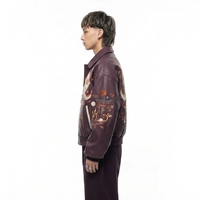 Blouson Bomber en Cuir Bordeaux pour Homme avec Broderie Renard Kitsune à Neuf Queues Japonais, Style Vintage Oversize Streetwear