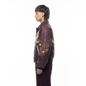 Japanese Nine Tailed Kitsune Fox Embroidery Mens <b>Burgundy</b> <b>Leather</b> Bomber <b>Jacket</b> Vintage Oversized Streetwear Outerwear - Product Image 4