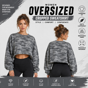 Sweat-shirt court imprimé camouflage pour femme, style décontracté, manches longues, coupe oversize, en molleton French Terry - Product Image 1