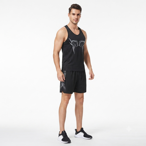 Ensemble débardeur et short de sport pour homme, noir, imprimé géométrique, col en V, sans manches, séchage rapide, pour l'été et l'entraînement - Product Image 3