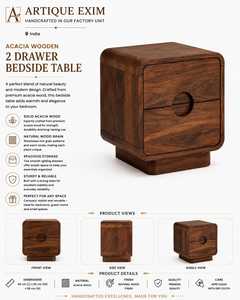 Acacia Wood 2 <b>Drawer</b> Bedside Table Handcrafted Modern Design Bedroom Storage <b>Unit</b> - Product Image 2