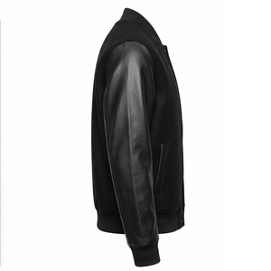 Nouvelle veste universitaire noire pour homme, personnalisée, avec corps en laine, manches en cuir véritable, col montant, fermeture éclair, coupe-vent, pour l'hiver - Product Image 3