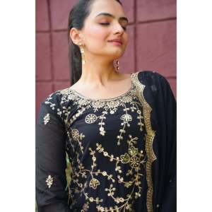 Designer Straight Shaped Chiffon Sharara Suit with Natural Waistline and Sequence Embroidered Work - Product Image 5