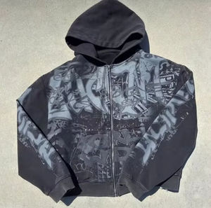 Chándal Unisex con Capucha y Apliques para Hombre, Estilo Desgastado, con Cremallera Completa, Pantalón Acampanado, Lavado Ácido, Invierno-Primavera - Product Image 5