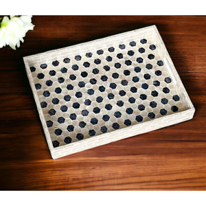 Plateau de service de luxe en nacre incrustée, mosaïque géométrique turquoise, plateau décoratif en coquille MOP pour table basse ou ottoman - Product Image 4