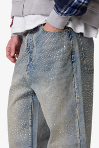 Jean en denim pour homme en coton, coupe large, délavé bleu vintage, orné de strass personnalisés de haute qualité, style streetwear hip-hop, OEM ODM - Product Image 6