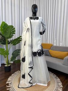 Salwar Kameez Pakistaní de Seda Blanca, Traje Indio Bordado con Apliques Florales, Sin Arrugas, para Fiestas, con Dupatta de Organza - Product Image 5