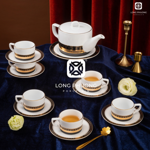 Tea Set Modern Luxury Embossment Gold-Plated Vietnamese <b>Ceramic</b> Porcelain Minimalist 500ml Wholesale Kim Lai Gift Set - Product Image 6