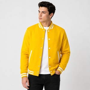 <b>Men's</b> Yellow Varsity Jacket With <b>White</b> Trim Button Front Casual Style Autumn Wear Regular Fit Solid Color <b>Fleece</b> Material - Product Image 1
