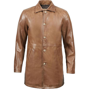 <b>Men's</b> Genuine Leather <b>Long</b> Trench <b>Coat</b> With Notched Lapel And Front Pockets Single Breasted Design <b>Men's</b> stand collar - Product Image 3
