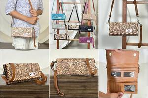 Nouvelle Pochette à Main Trifold en Cuir Véritable Fait Main Personnalisée avec Motifs Floraux, Grande Capacité, Portefeuille Bandoulière pour Femme - Product Image 3