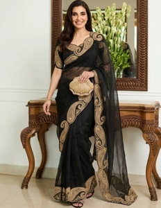 Sari de red Bollywood reversible de secado rápido y sin arrugas con bordado para mujer KV, con blusa sin coser (Negro) - Product Image 3
