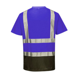 เสื้อยืดสะท้อนแสงสำหรับผู้ชาย สีน้ำเงิน โพลีเอสเตอร์ สำหรับงานอุตสาหกรรม พร้อมแถบสีเงินและสีน้ำตาลที่ชายเสื้อ - Product Image 2