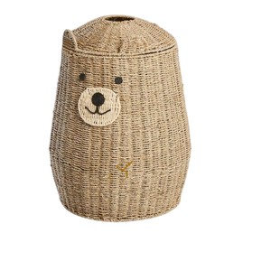 Cute Bear Shaped Seagrass Storage <b>Basket</b> <b>with</b> <b>Lid</b> Handwoven Animal Toy Organizer Bin <b>with</b> Ears Creative Nursery Decor - Product Image 1