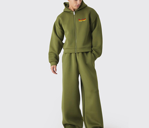 Men's Olive Green <b>Hooded</b> Sweatshirt Set Casual Full <b>Zip</b> Front Breathable Embroidered Printed Letter Logo FLEECE Cotton Winter - Product Image 1