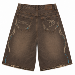 Washed Olive Denim Jorts Men Baggy Y2K Streetwear <b>Shorts</b> with Distressed Finish & Utility Loop Low MOQ Wholesale - Product Image 3