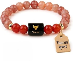 Taurus Zodiac Premium <b>Crystal</b> Bracelet with Sunstone <b>Beads</b> Bull Head Pattern Copper Tag Featuring Sanskrit Symbol - Product Image 1