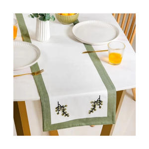 Personalized GOTS Certified Modern Embroidered Cotton <b>Table</b> <b>Runner</b> With Plant Pattern Green Border Washable Home Decor 40x220 Cm - Product Image 1