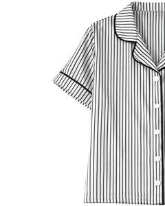 Ensemble de pyjama en satin rayé blanc et noir personnalisé pour femmes, manches courtes, boutons, vêtements de nuit d'été, ensemble de vêtements de détente en soie douce - Product Image 5