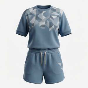 Ensemble 2 pièces pour femme : T-shirt à manches courtes et short à imprimé géométrique, col rond, respirant, tricoté, tenue de sport au-dessus du genou, coupe régulière - Product Image 1