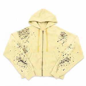 Sudadera corta con capucha de nuevo diseño, personalizada, de estilo urbano, de tejido grueso, con efecto desgastado por el sol, lavado ácido, pedrería, desgastada, con rotos y doble cremallera. - Product Image 1