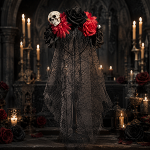 Diadema de Tul Multiusos con Diseño Gótico Espeluznante, Calavera Realista, Adorno Floral Negro y Rojo, y Malla de Telaraña Rota - Product Image 3