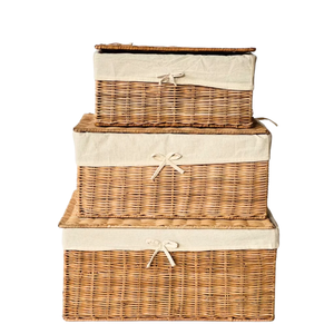 Cesta de Almacenamiento con Tapa y Forro de Tela Blanca, Cesta Organizadora de Mimbre Tejida a Mano con Forro de Algodón Extraíble, Estilo Rústico - Product Image 1
