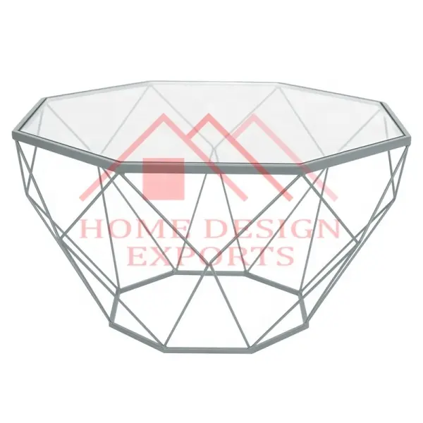 Low Price Range of Furniture Table for Home Decor Premium Quality Hexagon Shape Metal Frame Table on Tempered Glass Top Table