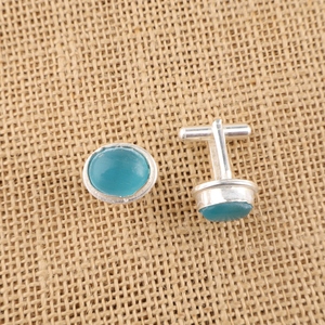 Ensemble de boutons de manchette Niharika Gems Luxury, faits à la main, en pierre œil-de-chat bleue, sertis dans de l'argent sterling 925, bijoux unisexes. - Product Image 1