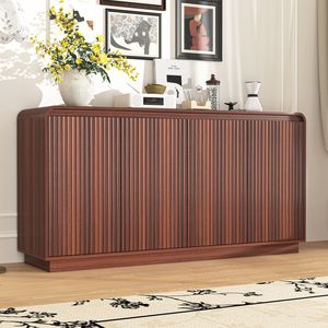 Mobile TV in noce a 4 ante con scanalature, design a onda senza maniglie, 3 ripiani regolabili, in truciolato, con prese di corrente integrate - Product Image 2