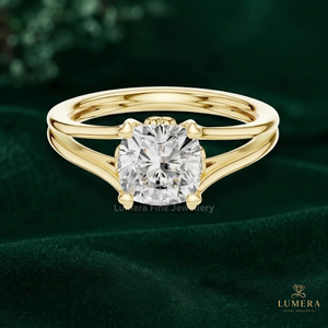 Custom Square Cushion Cut Solitaire Engagement <b>Ring</b>, Sculptural <b>Split</b> Band Delicate Solid Gold Band <b>Ring</b> For Special Occasion - Product Image 2