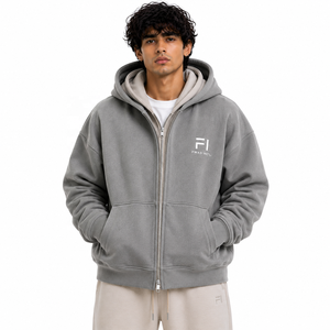 Sweat à capuche zippé double couche personnalisé pour homme, en polaire, style streetwear décontracté, avec poignets côtelés, poches avant, coupe classique, vente en gros B2B USA - Product Image 1