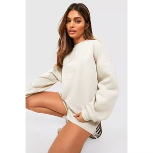 Conjunto de Sudadera de 2 Piezas para Mujer, Cuello Redondo Oversize, Felpa, Poliéster/Algodón, Transpirable, Corte Regular, Estampado de Letras en Relieve - Product Image 3