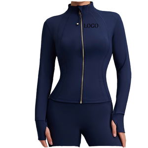 <b>Women's</b> Long Sleeve Mock Neck Zip Up Yoga <b>Jacket</b> Thumbhole Seamless Active Stretch Top <b>Navy</b> - Product Image 5